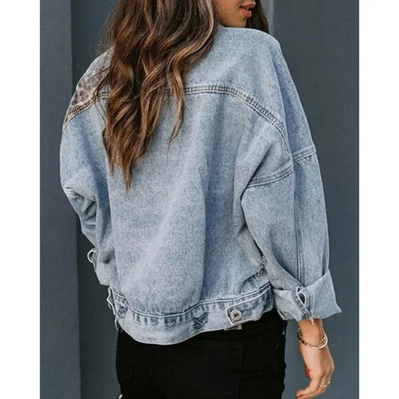 Women's Loose Button Down Cropped Denim Jacket Long Sleeves Cheetah Blue